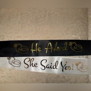 Black and White Engagement Sashes with Gold Text
